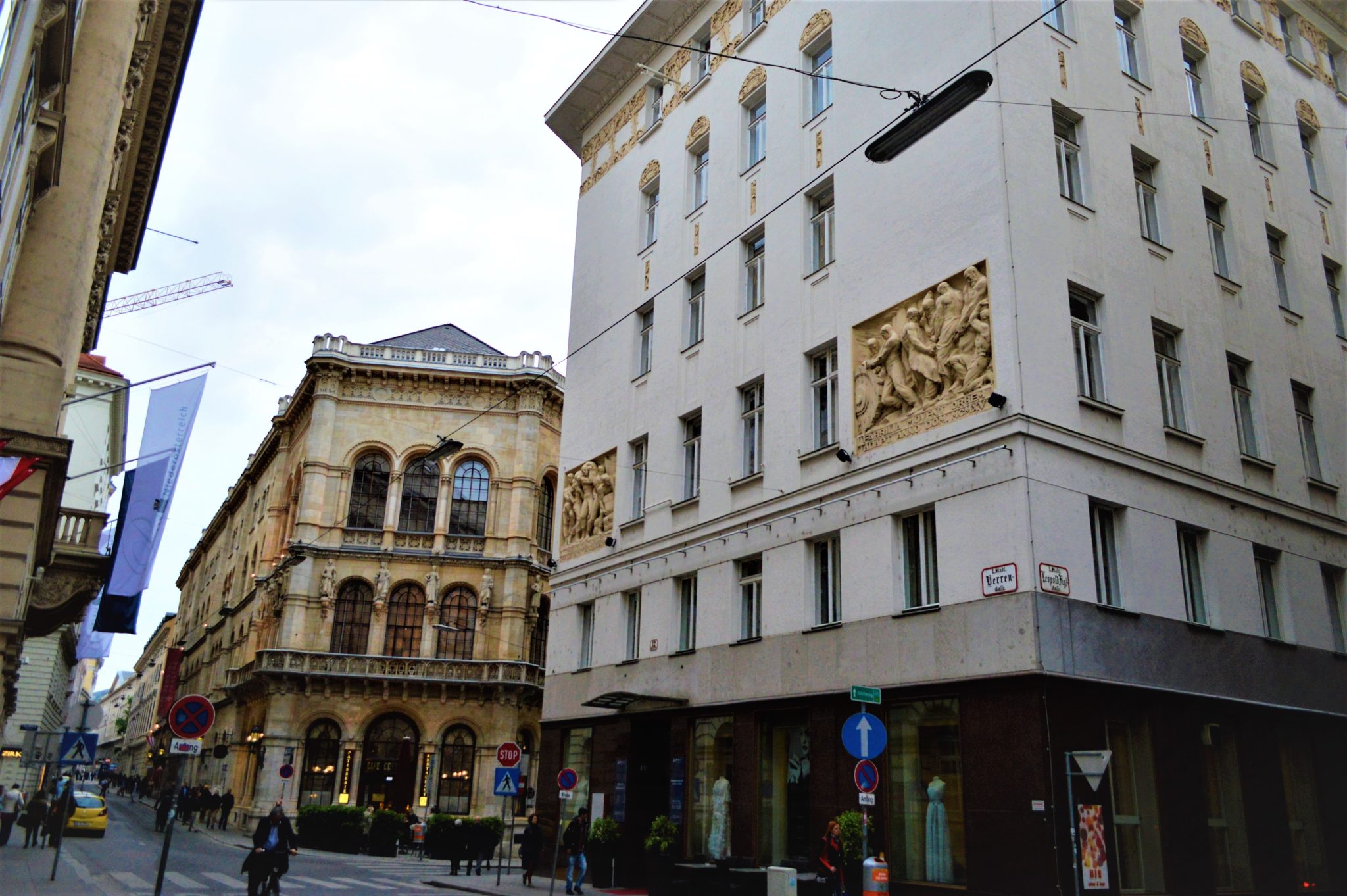 Statues on side of buildings, Vienna, Austria
