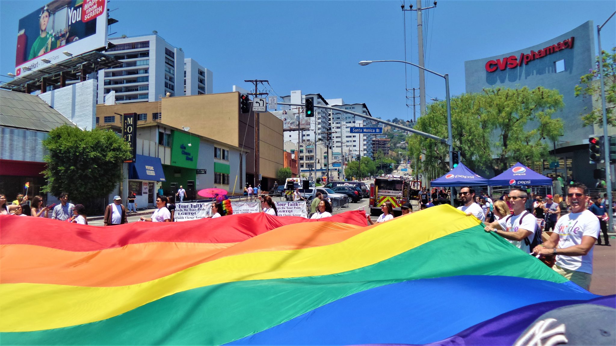 Large rainbow flag, LA Pride parade, los angeles, california