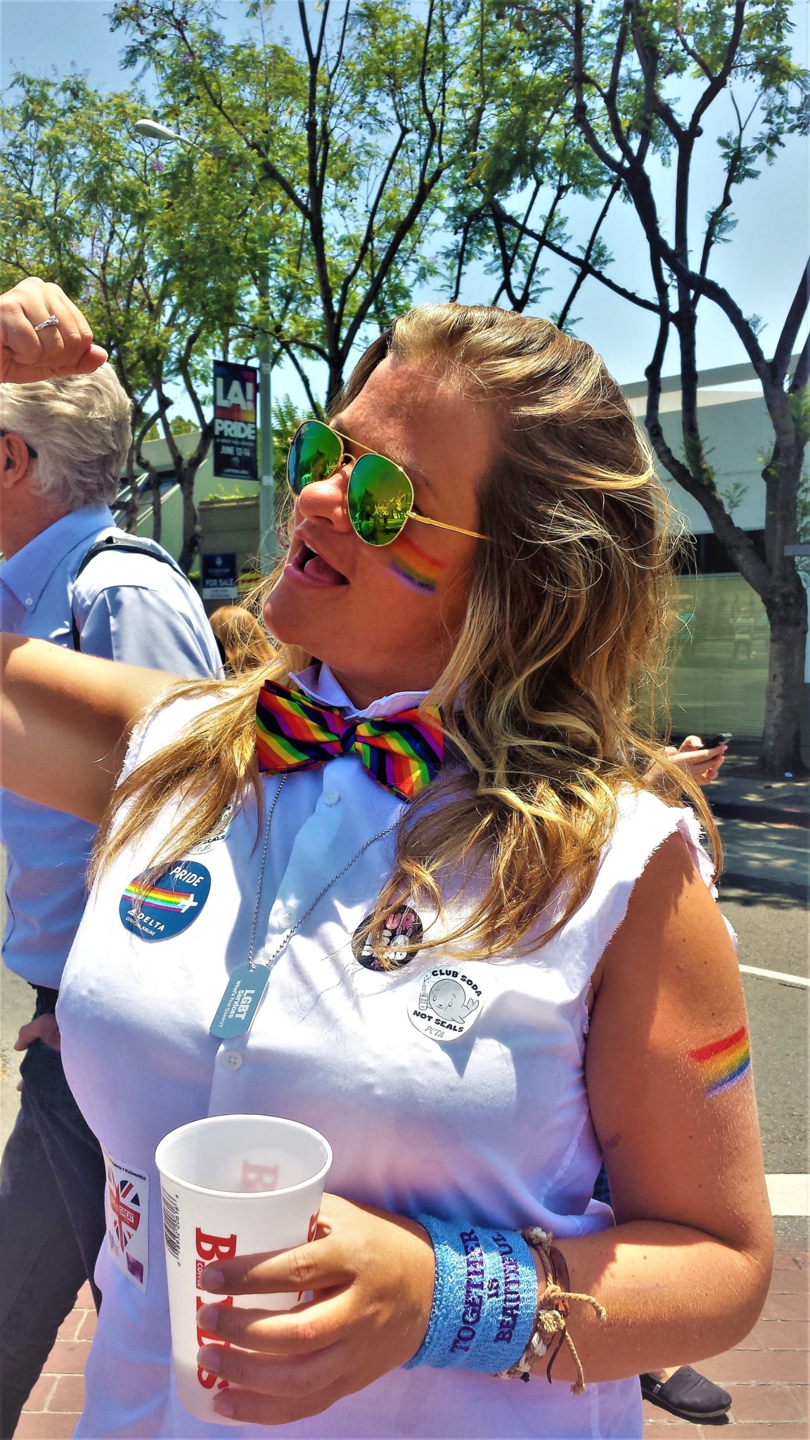 Stickers and freebies at LA pride parade