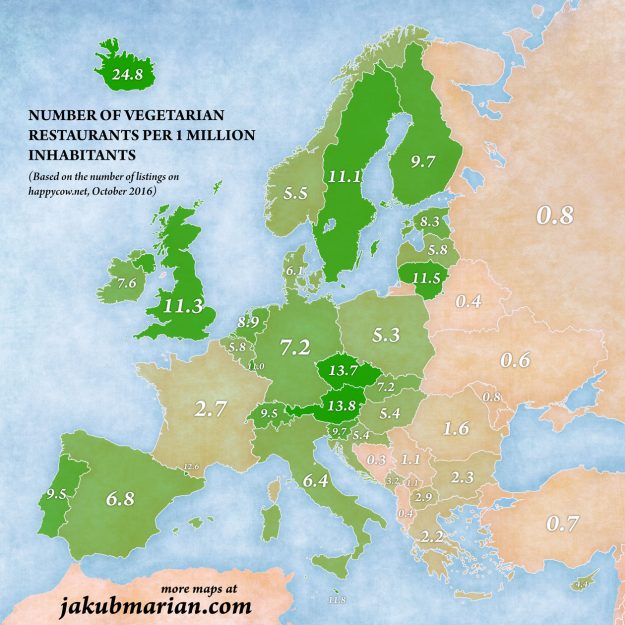Vegan friendly map, Europe vegetarian population