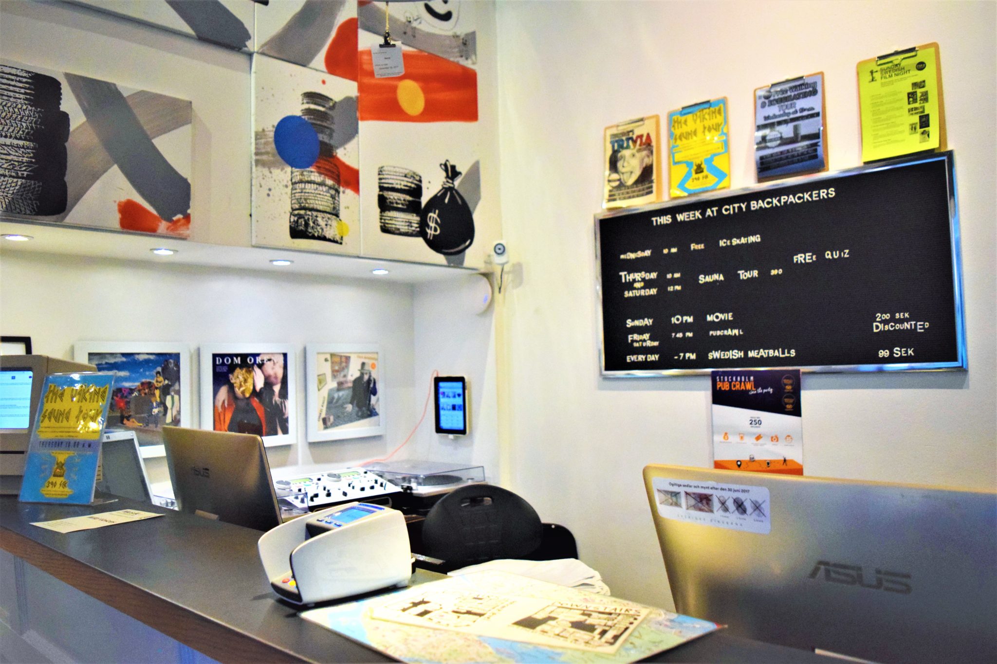Reception desk, city backpackers hostel, stockholm, sweden