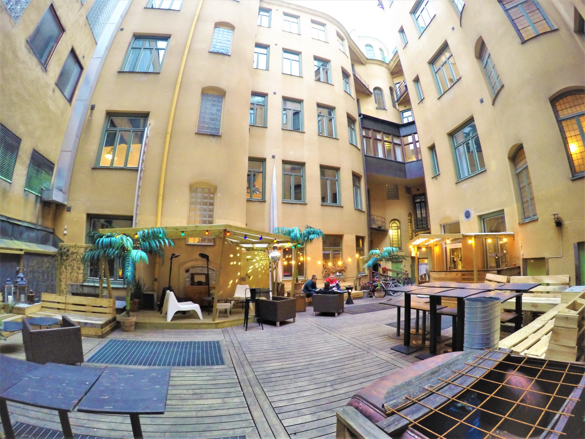 Outdoor courtyard, city backpackers hostel, stockholm, sweden