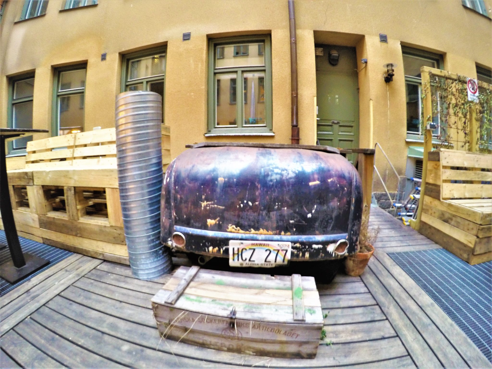 Retro car, city backpackers hostel, sweden