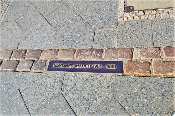 Checkpoint Charlie marked on the pavement of Berlin, Germany