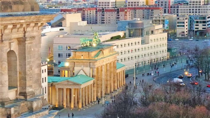 View of the Brandenburg Gate from the Reichstag Building in Berlin, Germany