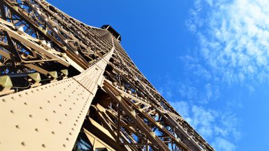 Looking up Eiffel Tower, Paris, France