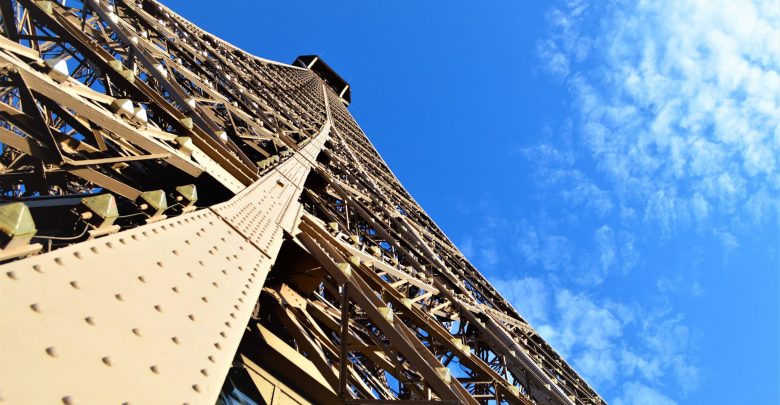 Looking up Eiffel Tower, Paris, France