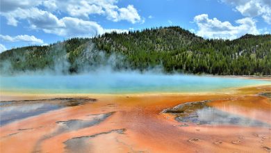 Grand Prismatic Spring orange pool, Yellowstone National Park, USA
