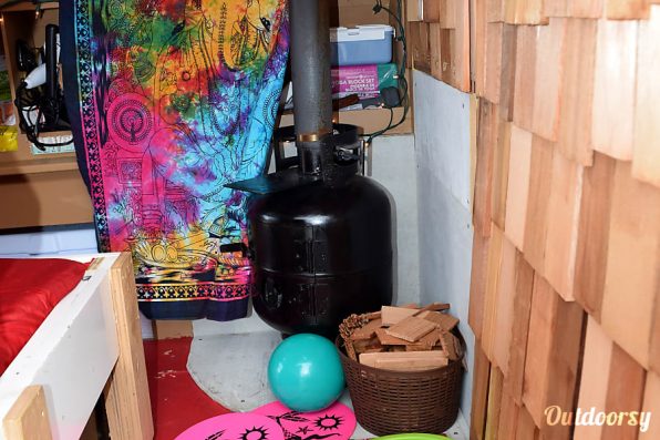 camper van conversion wood burning stove log cabin cedar wood