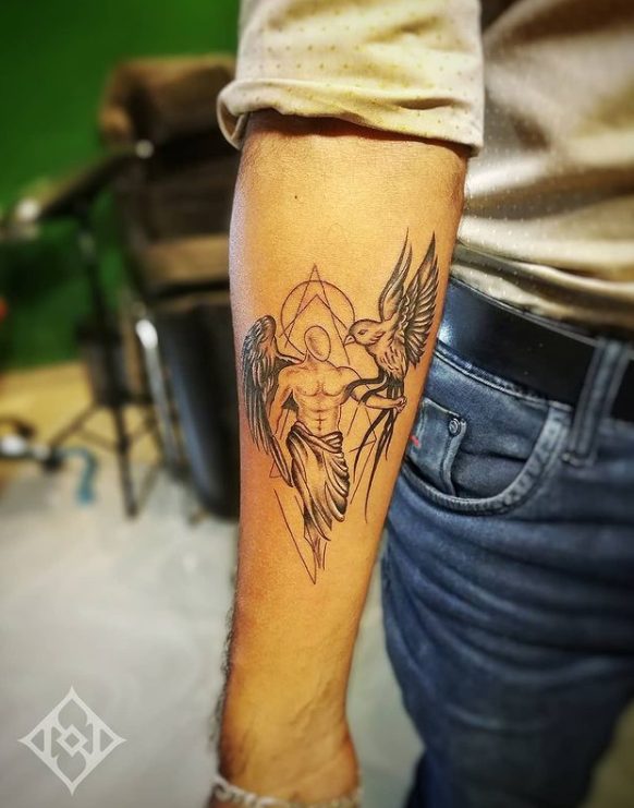 angel and bird spiritual tattoo designs arm