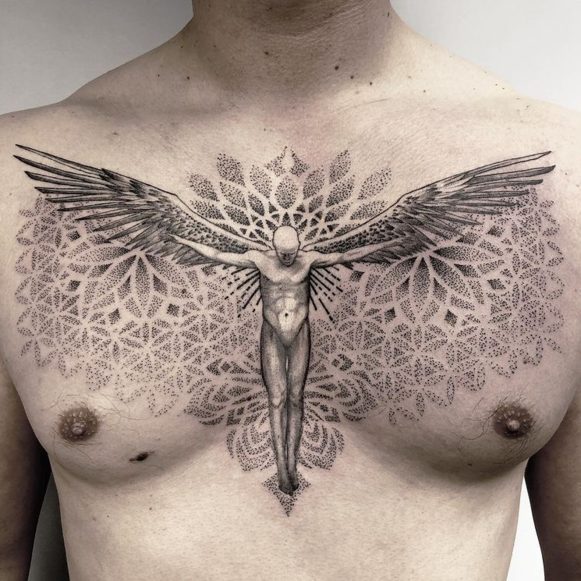 angel wings chest tattoo sacred geometry
