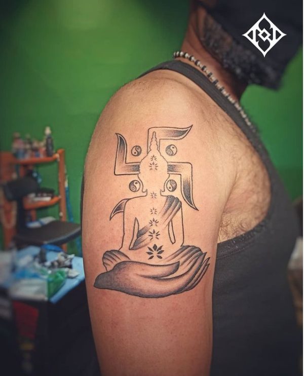 buddha meditation yin yang tattoo design upper arm