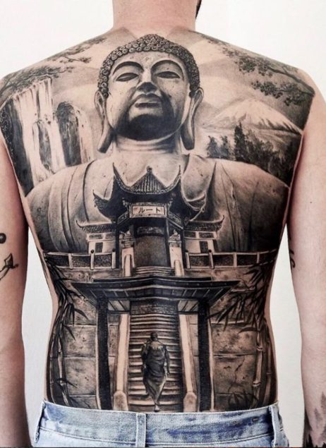Buddha monastery full back tattoo detailed