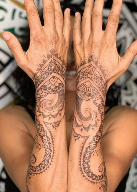 double forearm matching spiritual tattoo design mandala fine line light