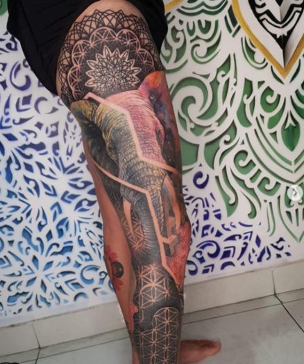 elephant tattoo full leg flower of life mandala