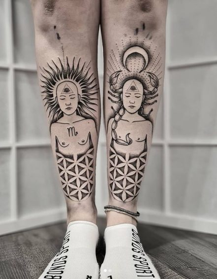 matching leg tattoo flower of life zen geometry
