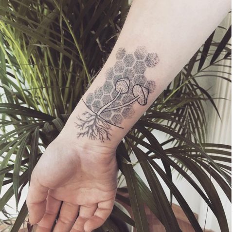 mushroom tattoo wrist spiritual awakening ceremonial