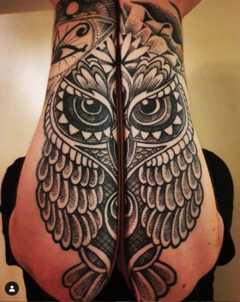 owl forearm spiritual tattoo idea geometrical