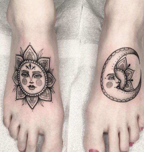 sun and moon matching feet tattoos mandala spiritual