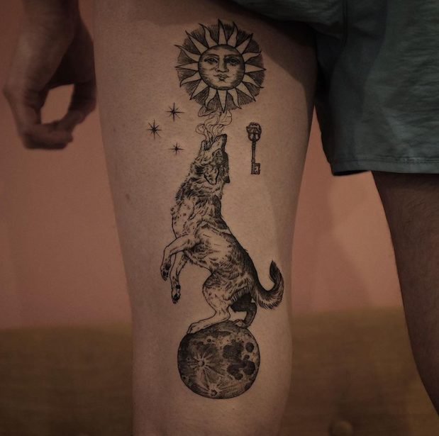 Sun and moon wolf tattoo spiritual design