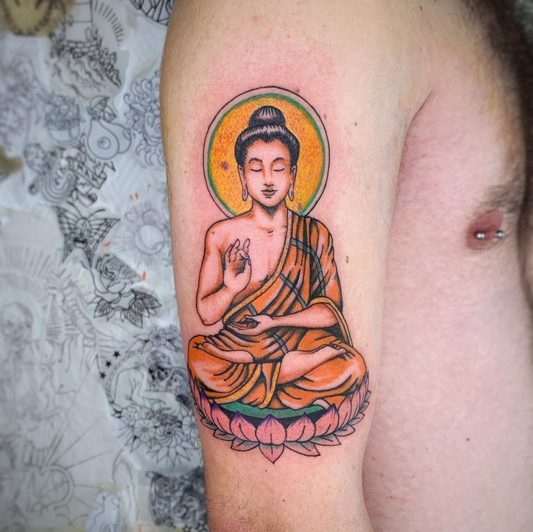 tibetan monk buddha color tattoo design arm