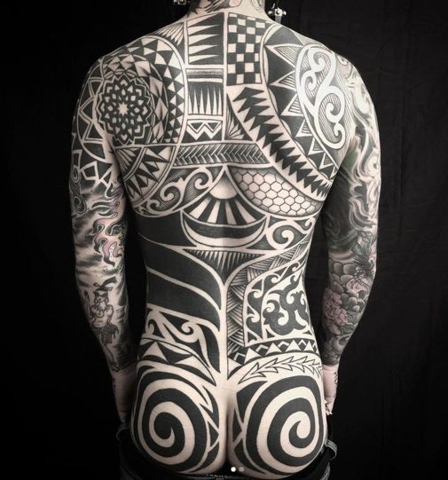 tribal blackwork tattoo full back design