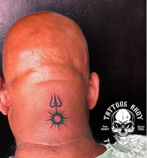 trishul and sun tattoo design back of head.