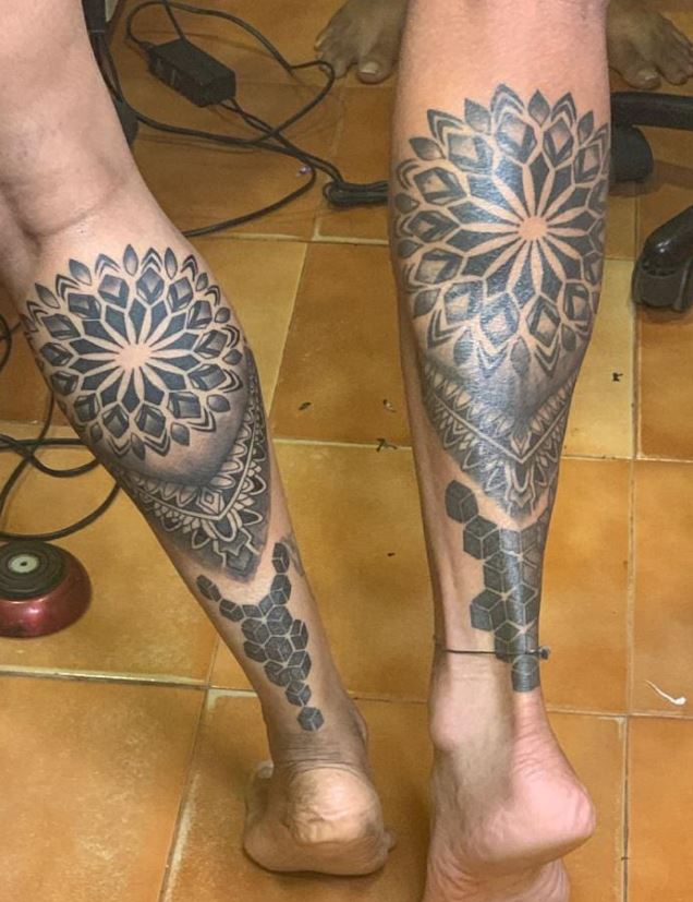 best matching couple tattoos geometry calf