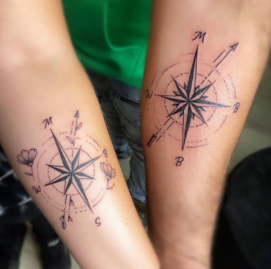 couple tattoo matching compass
