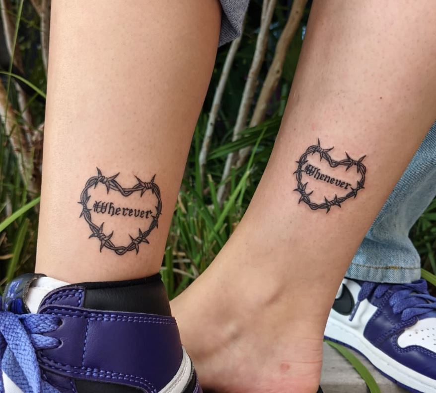 matching couple tattoos heart barbed wire wherever whenever