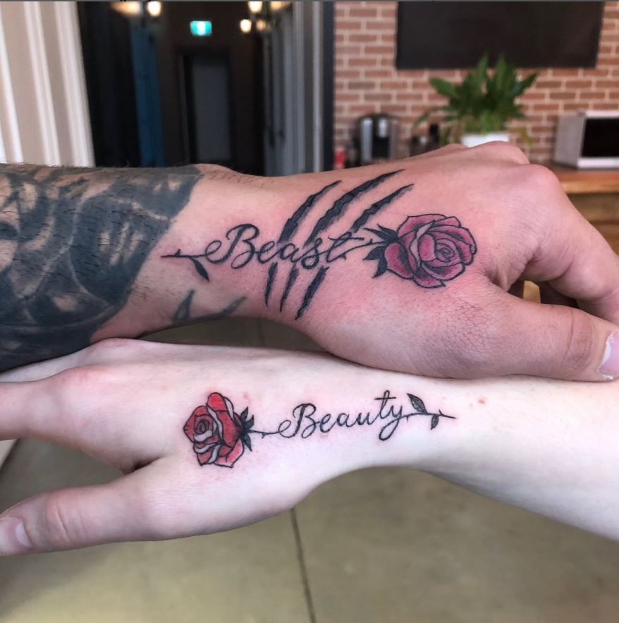 beauty and beast matching couple tattoos