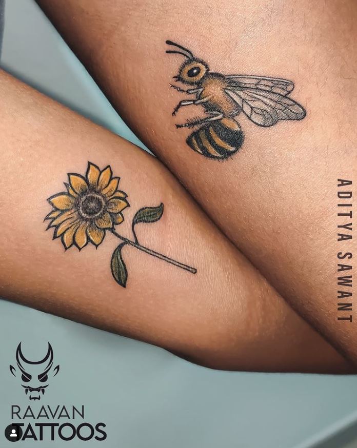 matching couple tattoo flower and bee