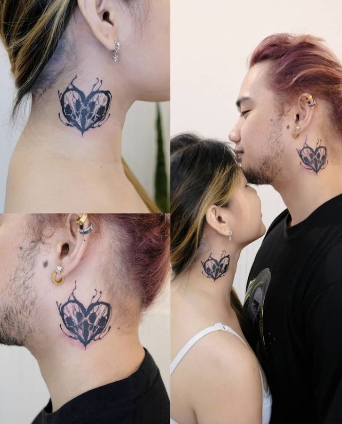 matching skull tattoo heart neck couple